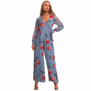 Lulus Blue Floral Print Faux-Wrap Jumpsuit